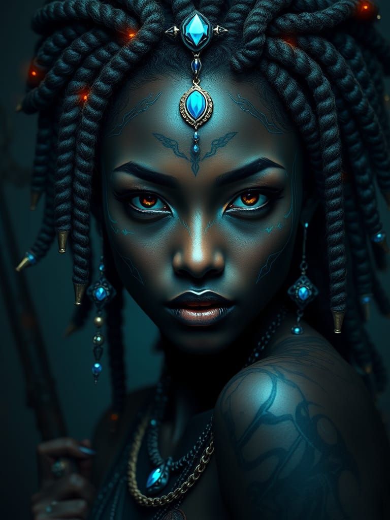 Ethereal Huntress with Realistic Blue-Hazel Eyes and Intrica...