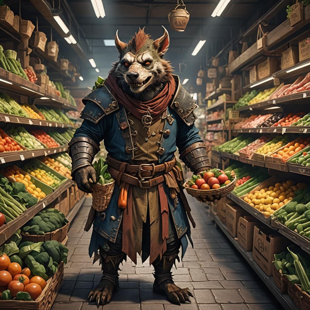Gnoll Merchant Selling Cursed Vegetables, Fantasy Art