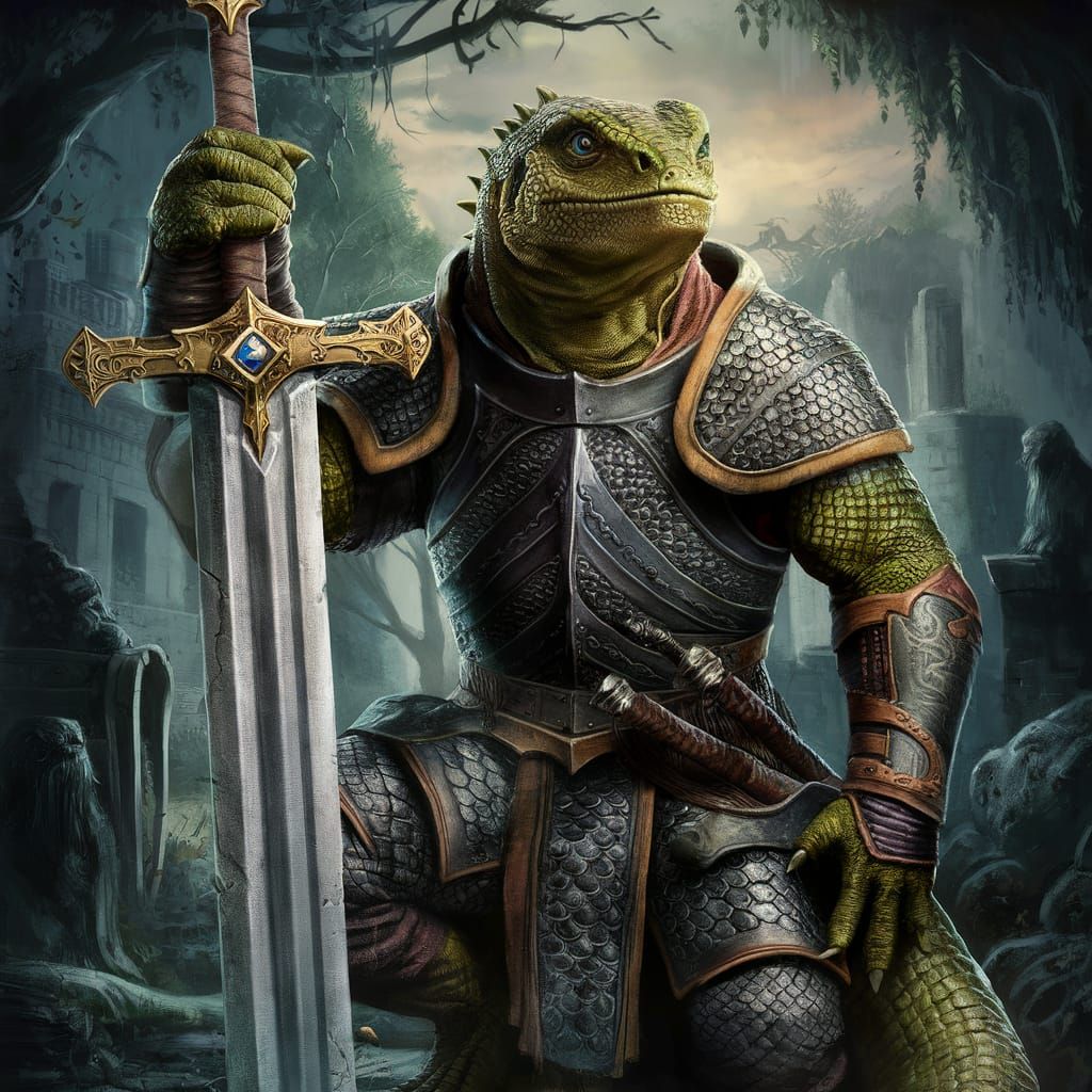 Armored Lizard Man in Mystical Forest