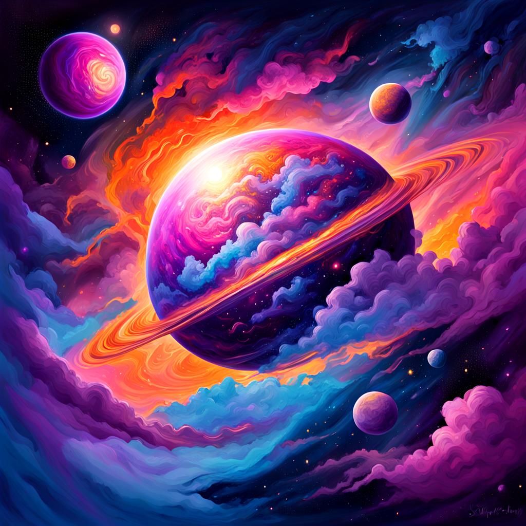 Vibrant Planet in Colorful Galaxy as Impasto Painting