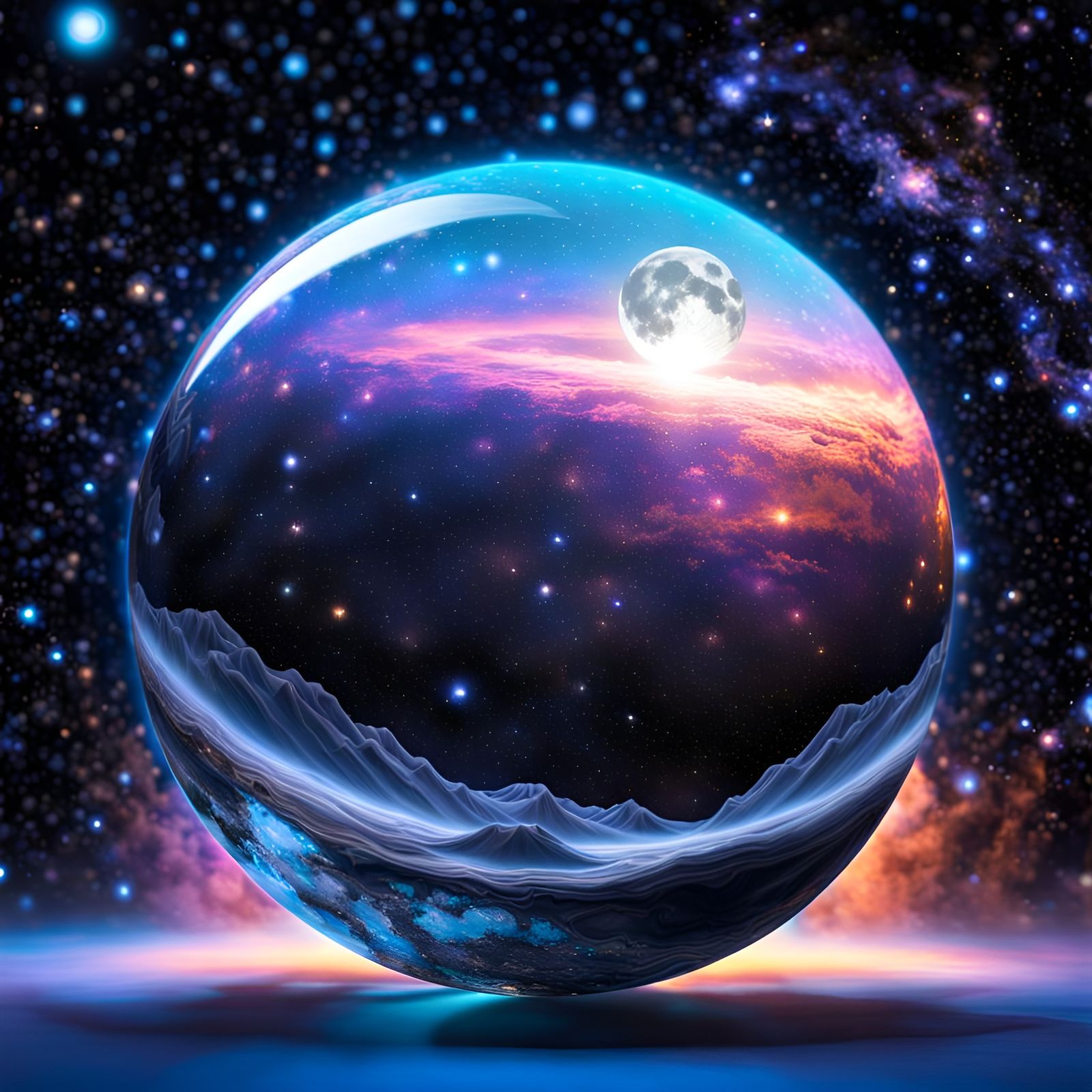 Cosmic Moonscape with Luminous Sphere in Klimt Style