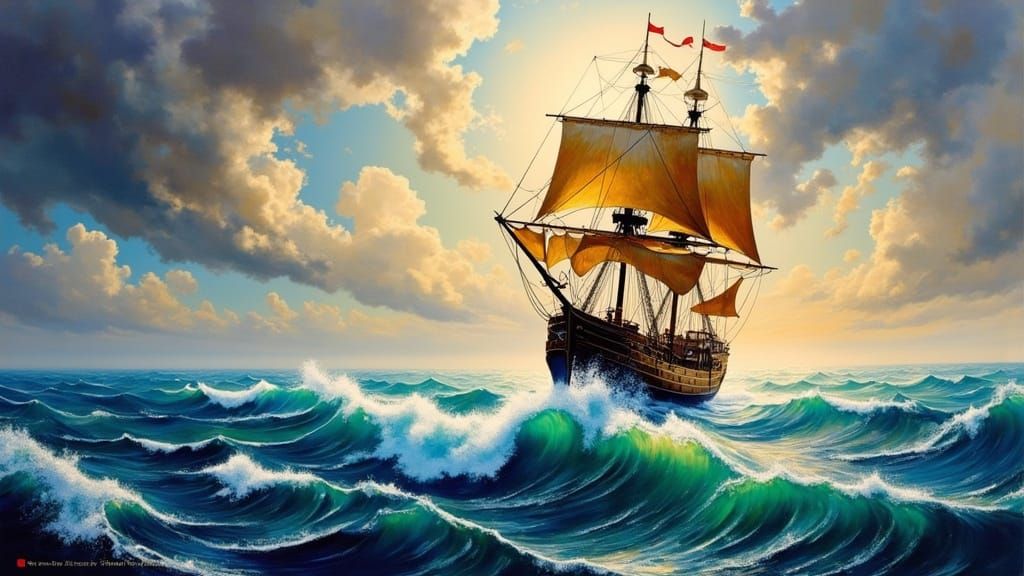 Majestic Sail Ship in a Turbulent Iridescent Storm