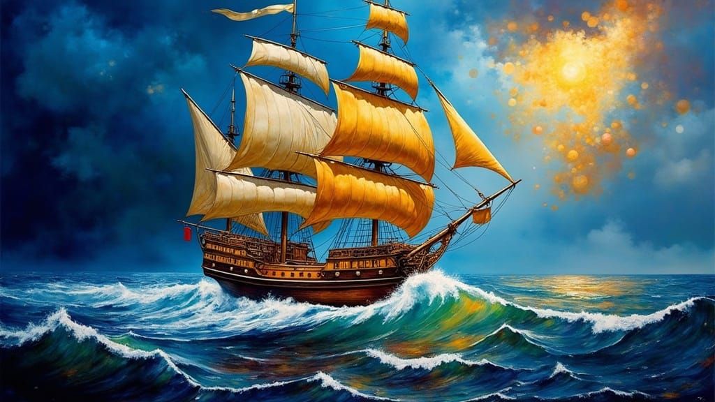 Stormy Seascape in Vibrant Colors and Intricate Details