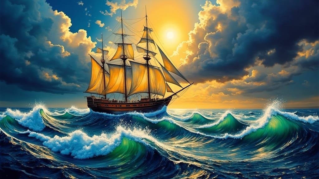 Sailing Vessel in Turbulent Iridescent Sea