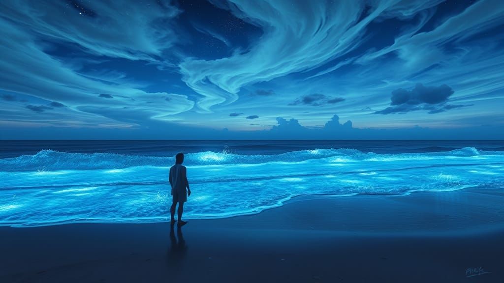 Bioluminescent Waves at Night: Dreamlike Fantasy Painting