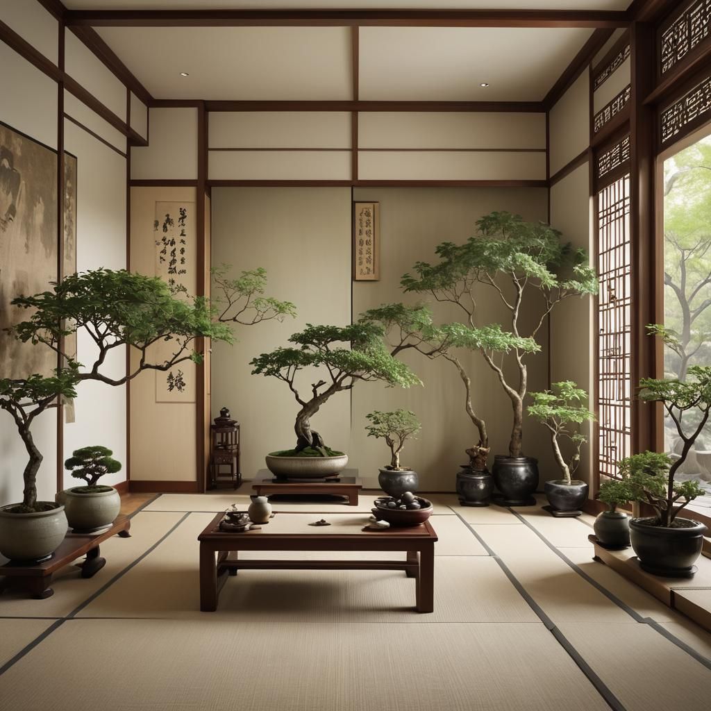 Tranquil Feng Shui Room with Jade Plant and Bonsai