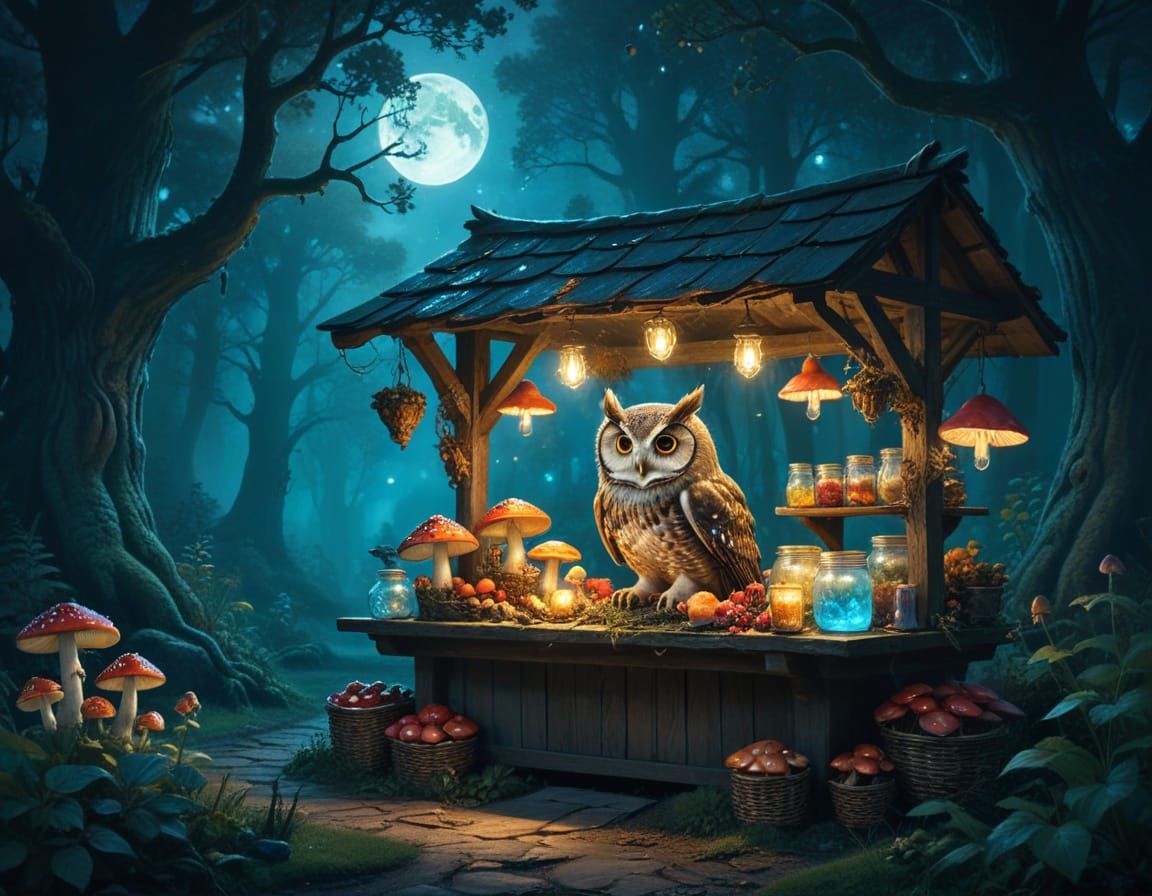 Enchanted Owl's Market in Dark Fantasy Style