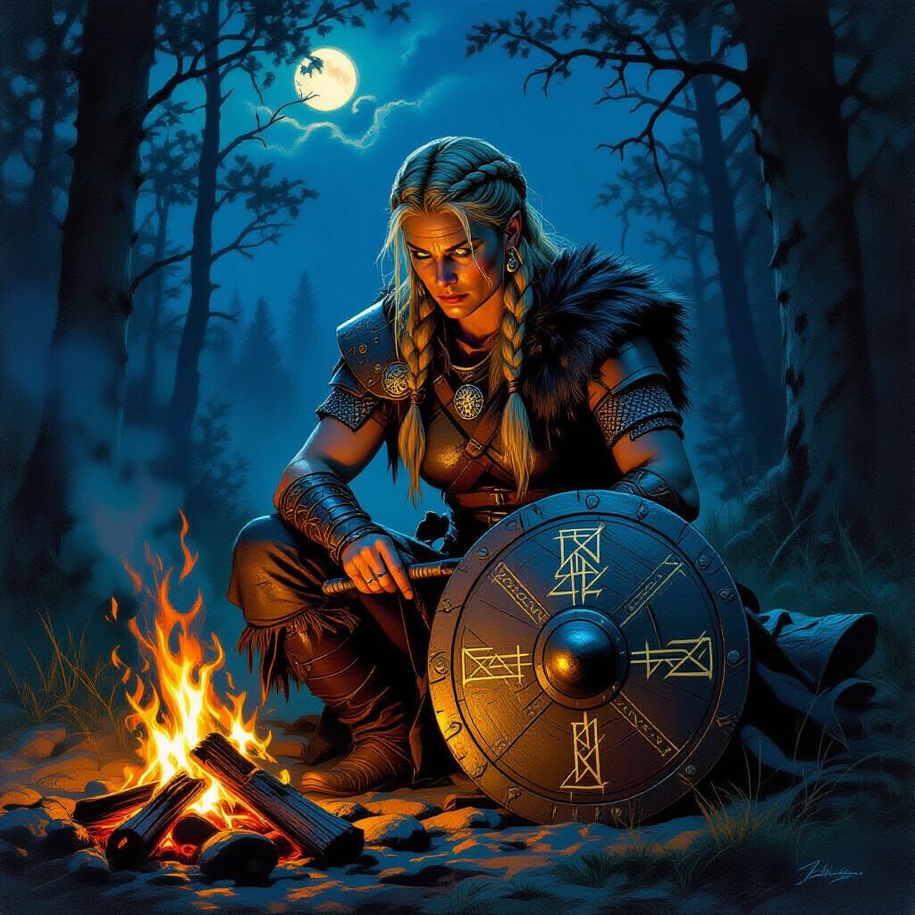Viking Warrior Woman Contemplating by Campfire
