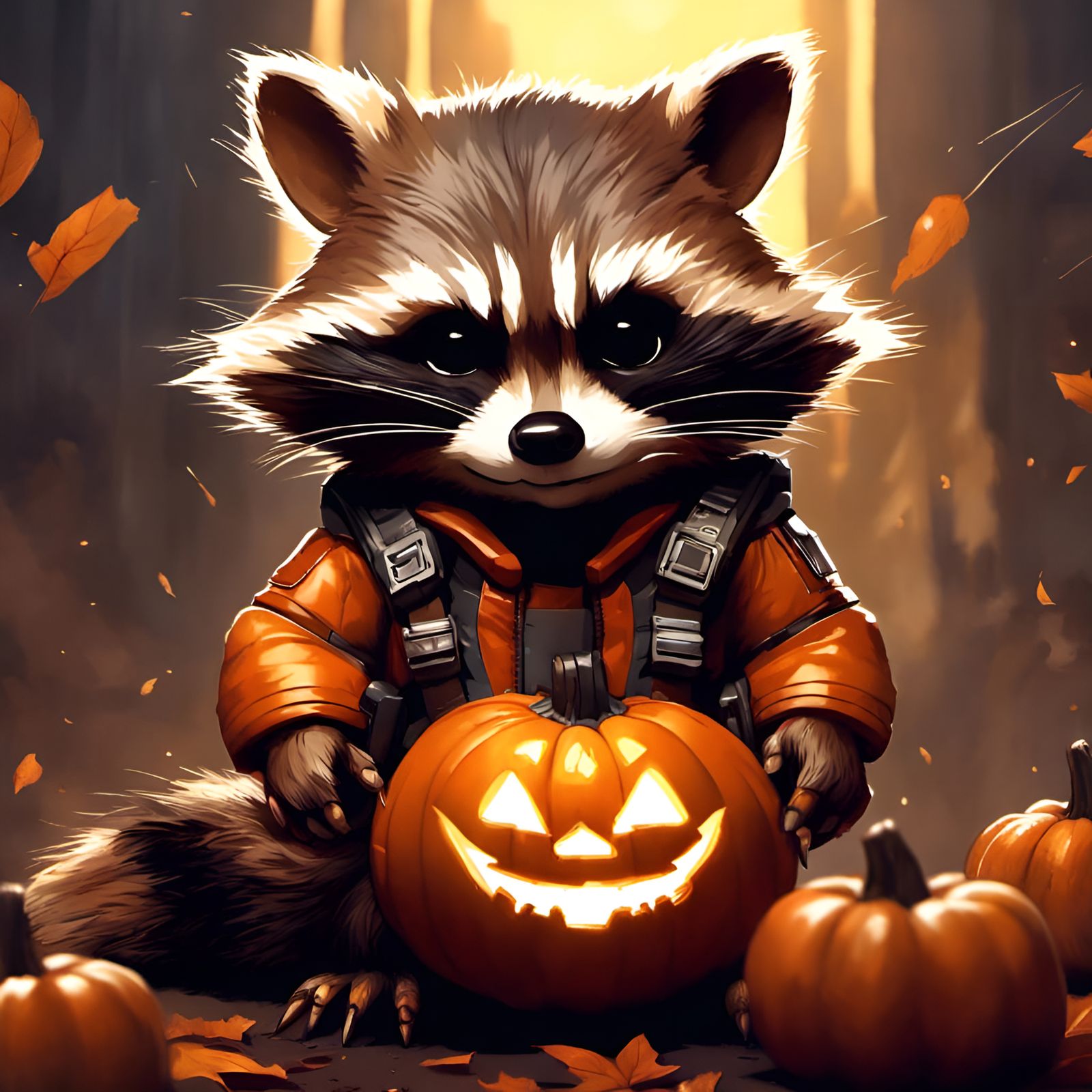 Chibi Rocket Raccoon with Pumpkins, 3D Render