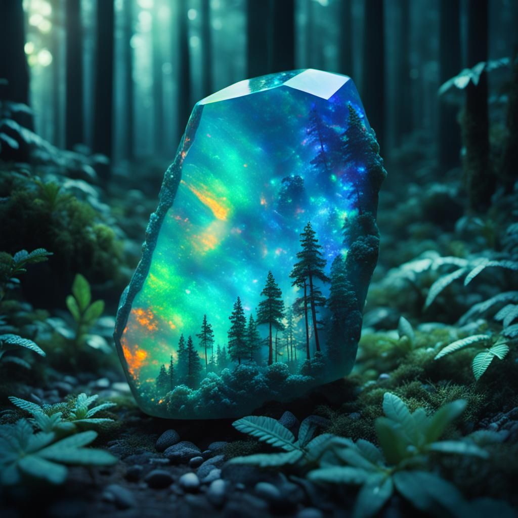 Opal Key in a Crystalline Forest: Cinematic Still