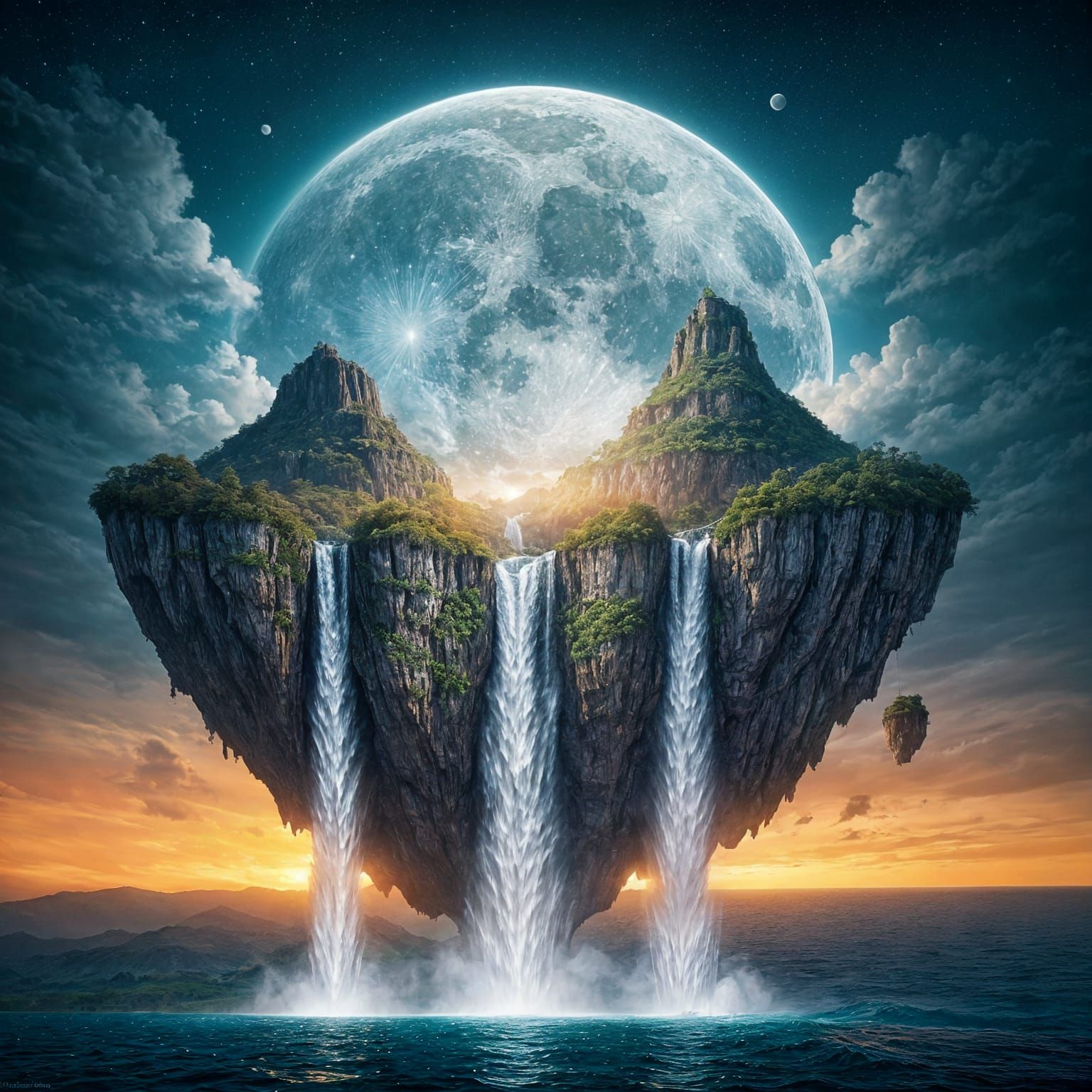 Surreal Moon Waterfall on Floating Island