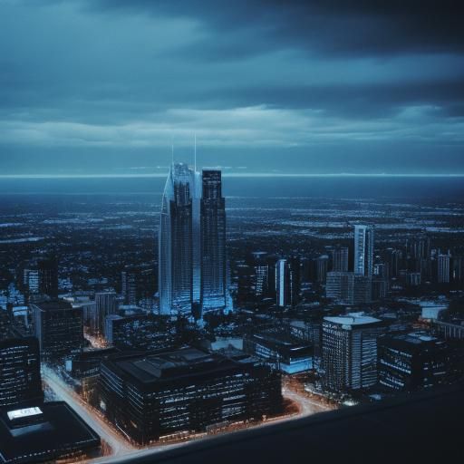 Blue Cityscape with Waterfall in Photographic Style