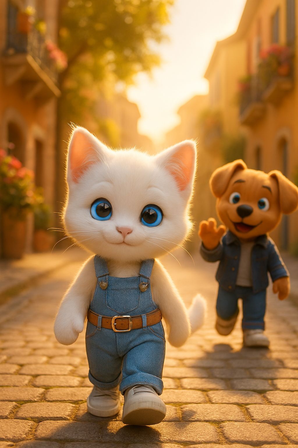 White Kitten and Brown Puppy on Cobblestone Street