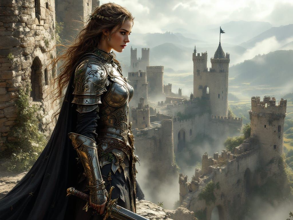 Medieval Warrior Queen in Armor on Castle Battlement