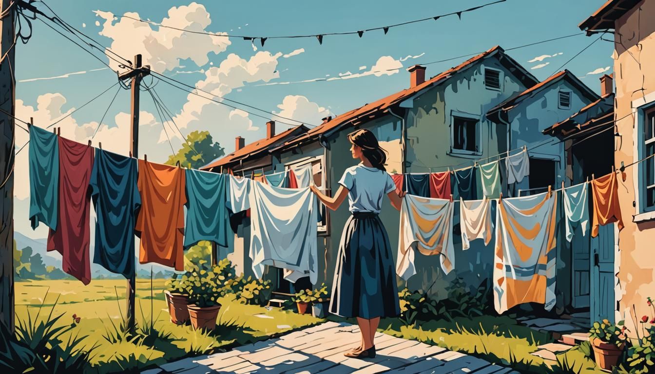 Woman Hanging Laundry: Abstract Art in Complementary Colors