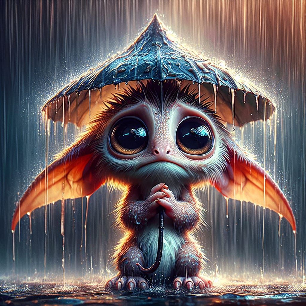 Fantastical Creature Takes Refuge from the Rain in Hyperreal...