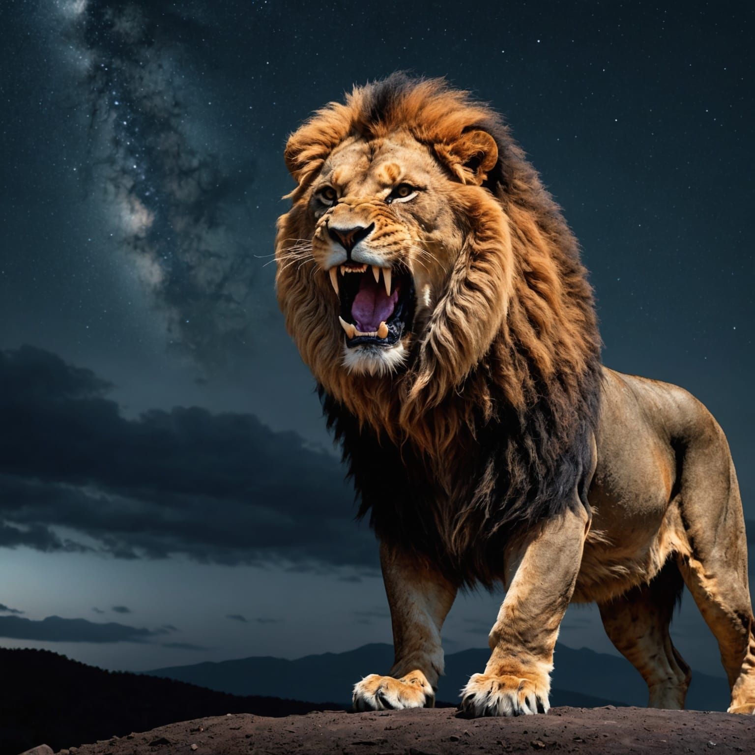 Roaring Lion on Hill at Night: Hyperrealistic Splash Art