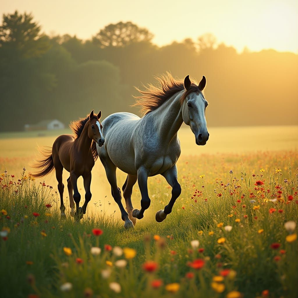 Dappled Grey Horse and Foal in Flower Field