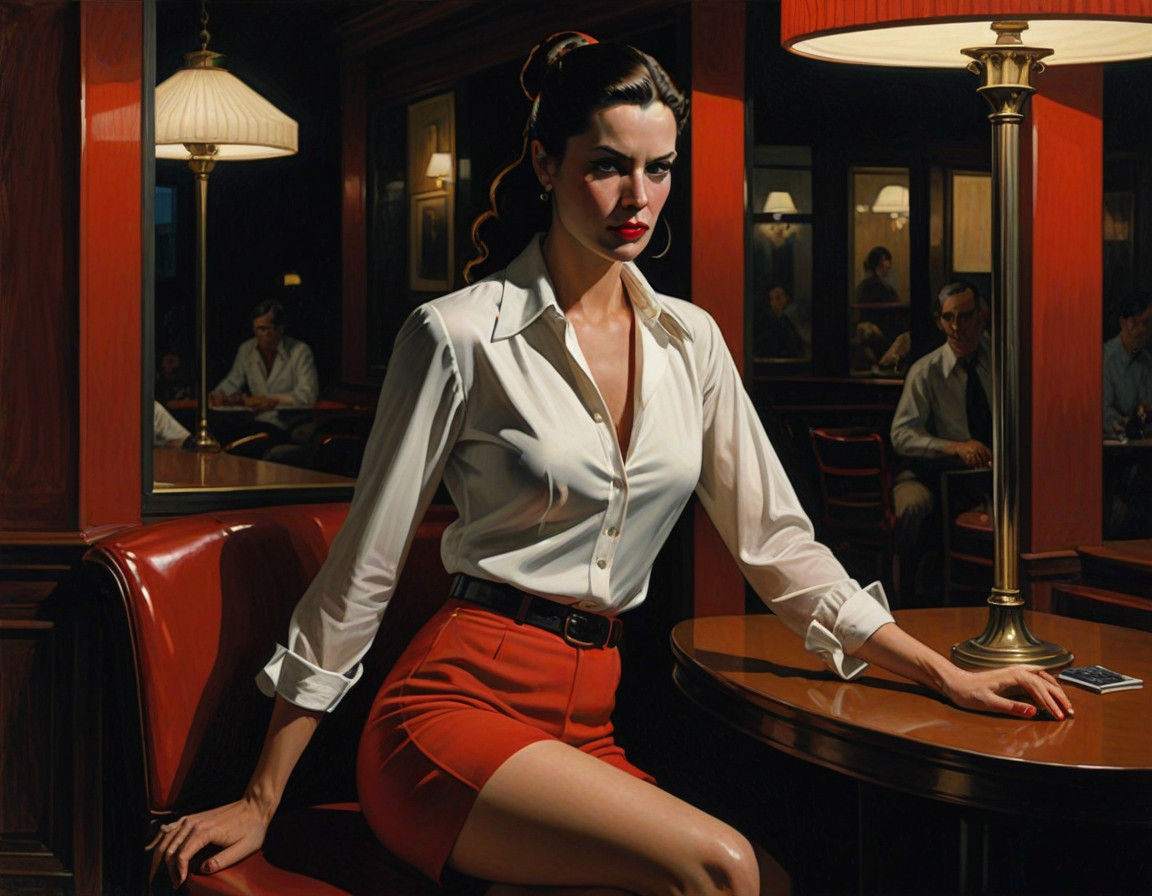 Retro Woman in Suspenseful Edward Hopper Style