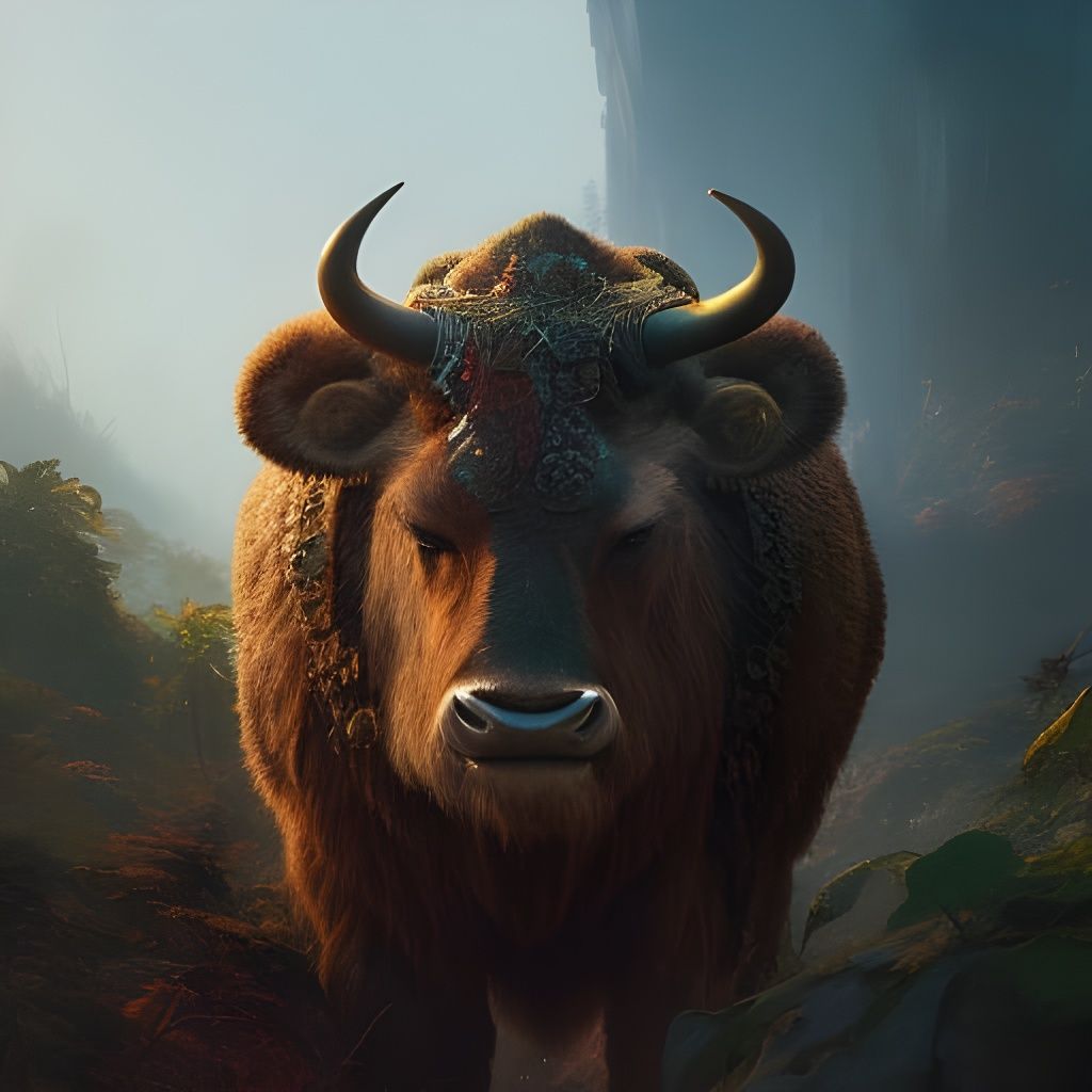 Anthropomorphic Cow Goat Warrior in Jungle Setting