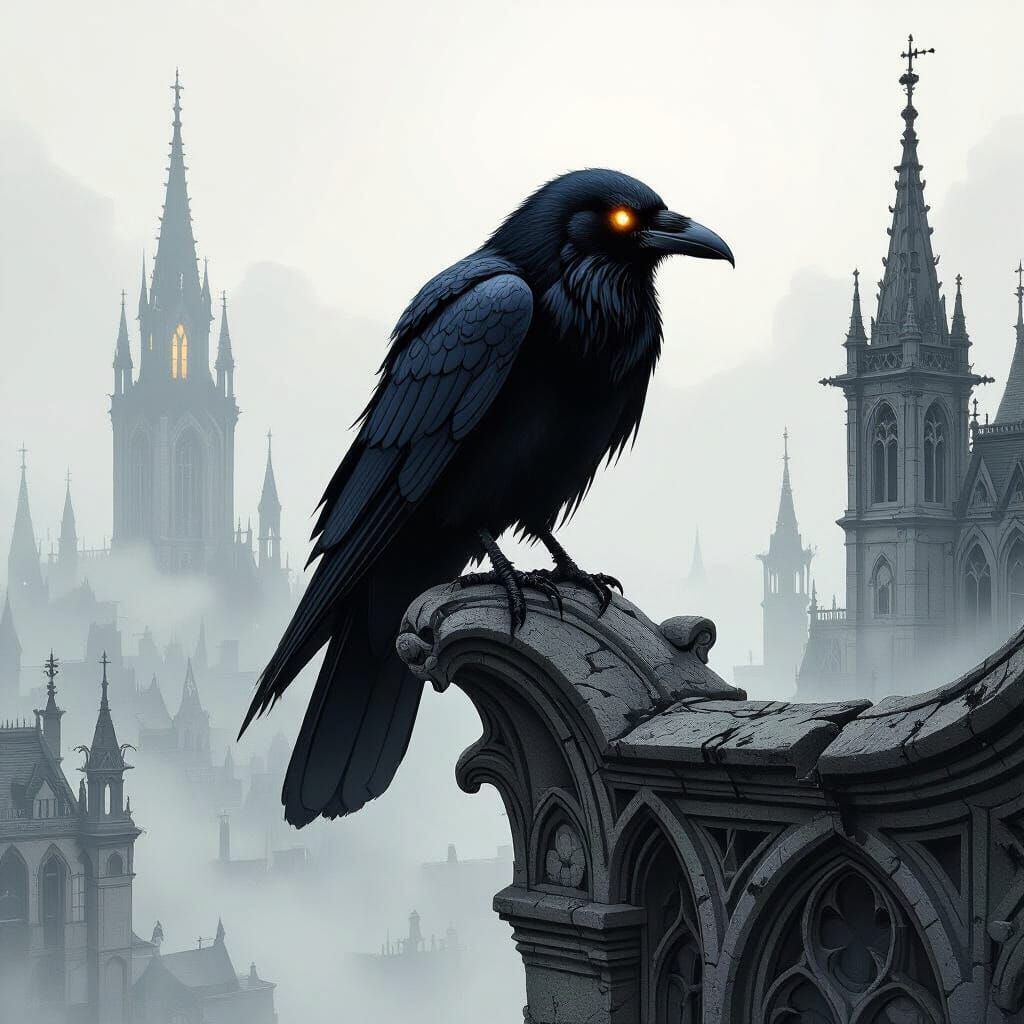 Ancient Raven on Gargoyle Overlooking Foggy Cityscape