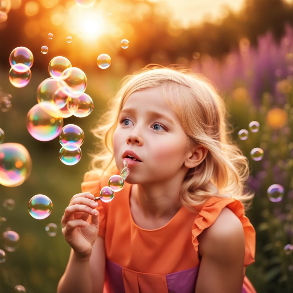 Girl Blowing Bubbles in Sunset Garden: Digital Portrait