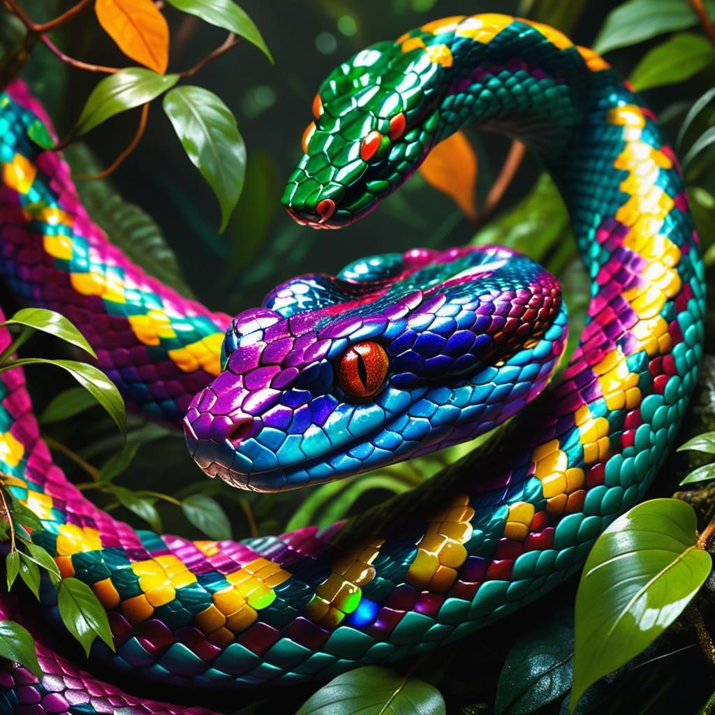 Iridescent Ruby Pit Viper in Jungle, Detailed Matte Painting