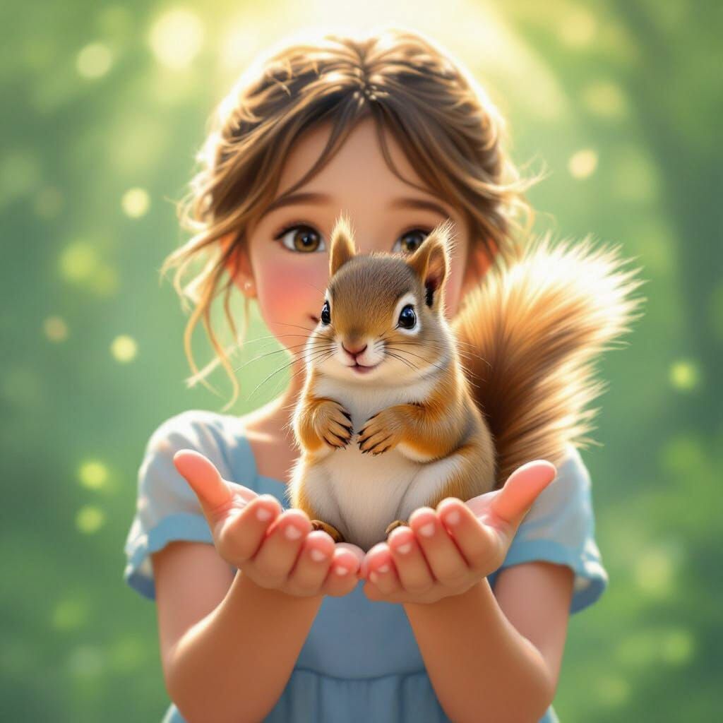 Girl Gently Holds Fluffy Squirrel in Sunlit Forest