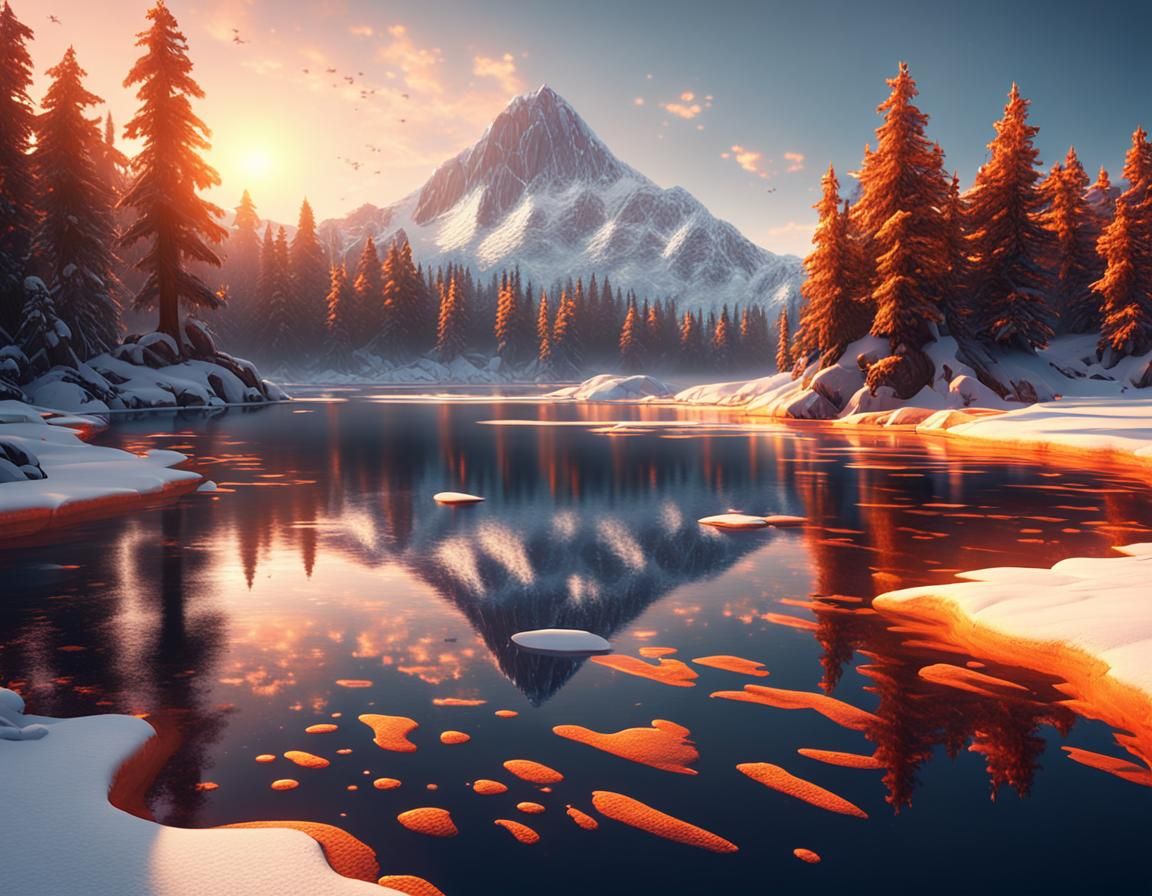 Snowy Mountain and Frozen Lake at Sunrise