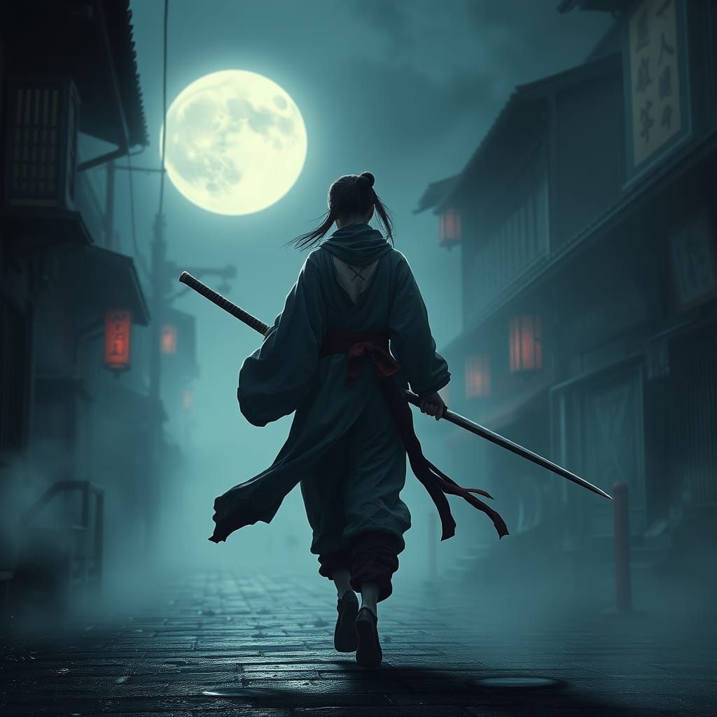 Edo Period Warrior Under Moonlit Skies