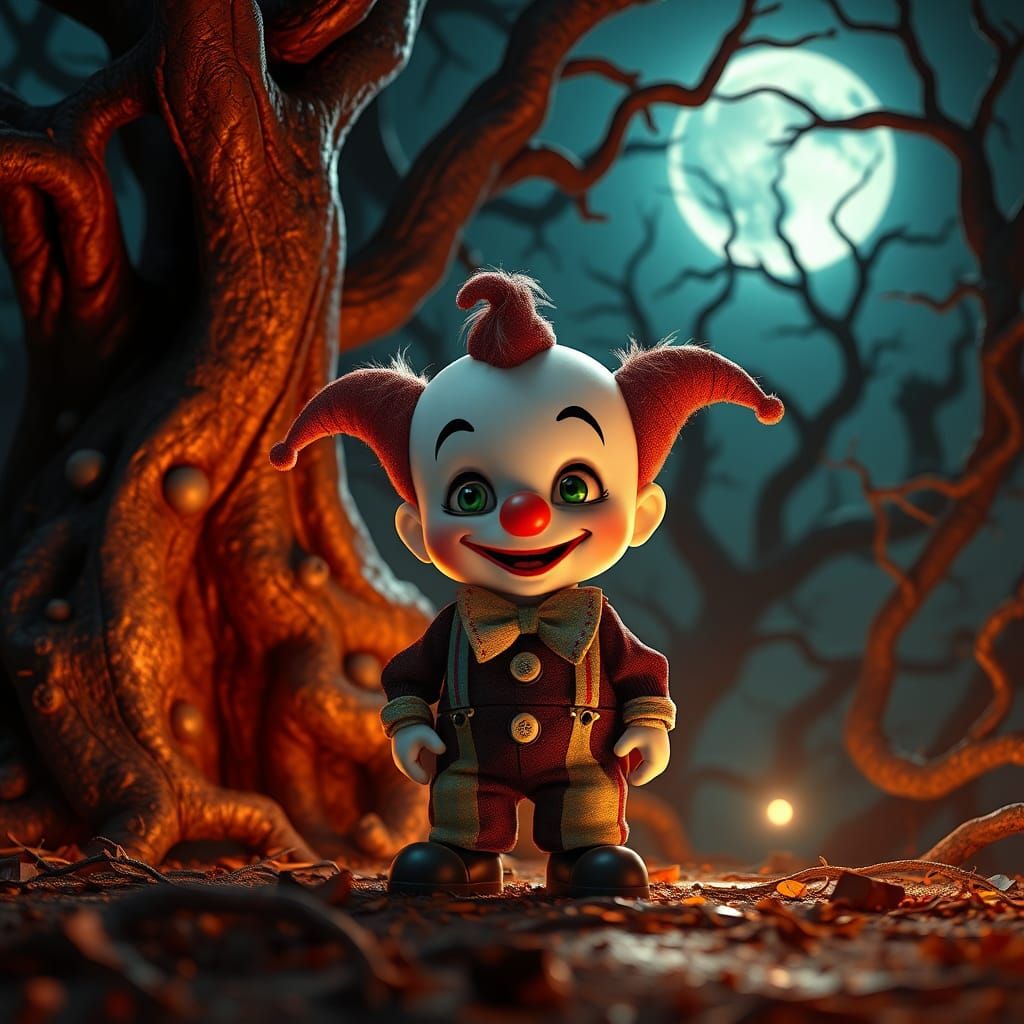 Chibi Clown in Spooky Moonlight, Ghibli-Burton Style