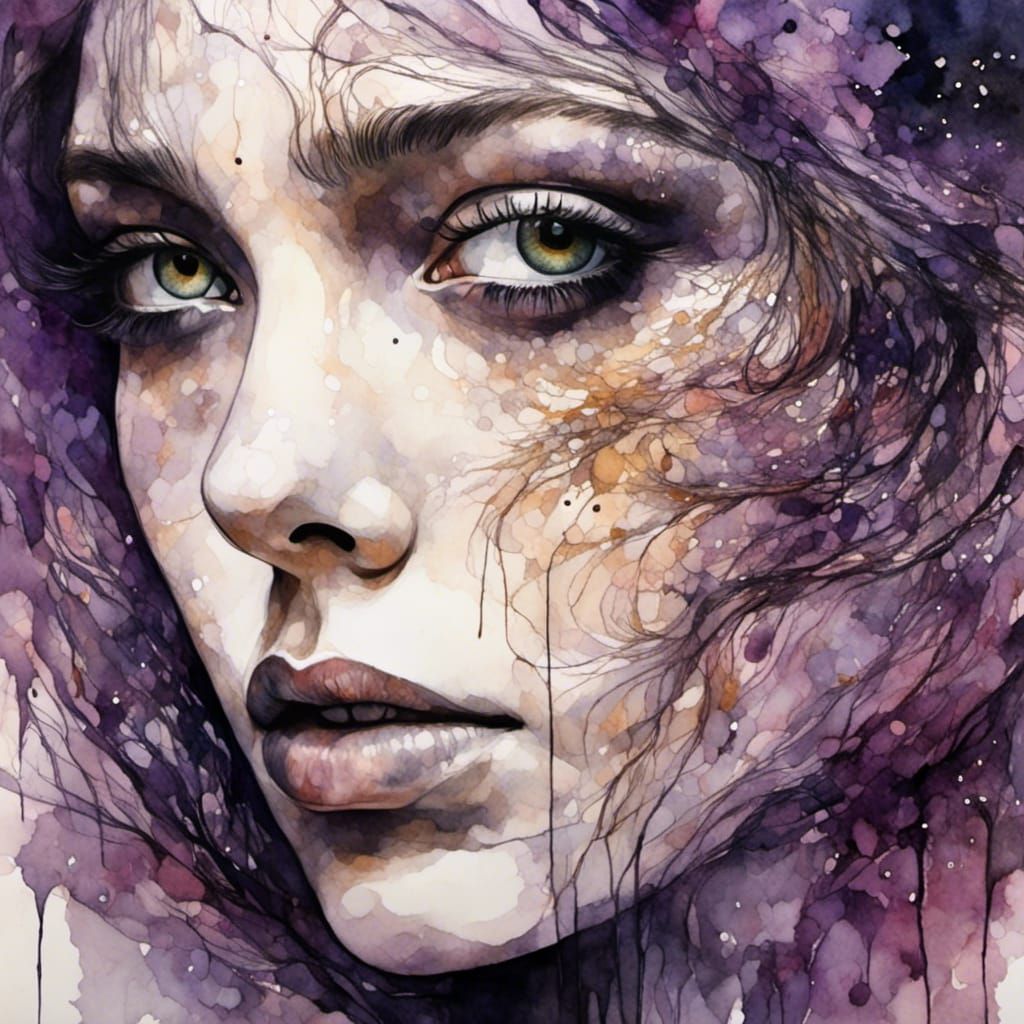 Realistic Liquid Ink Portrait of Woman with Hazel Eyes