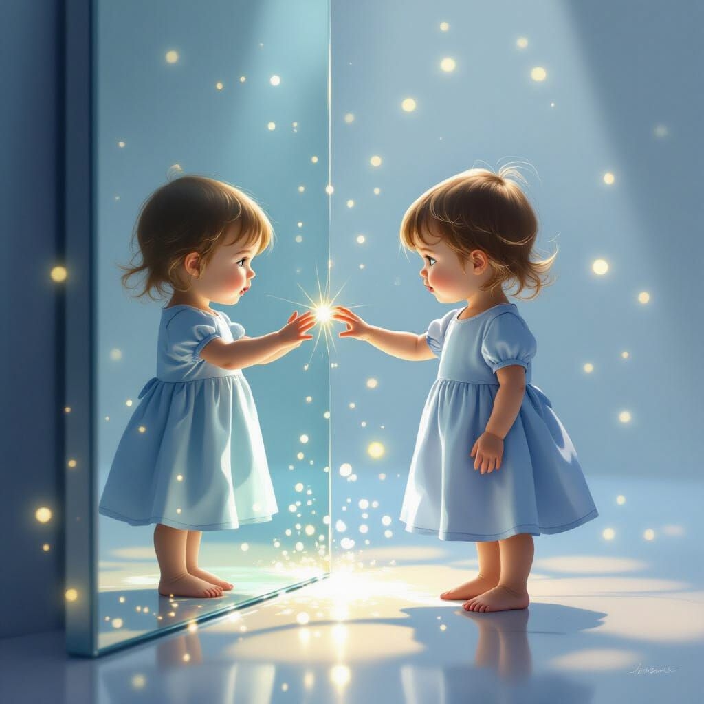 Child's Wonder: Touching Shimmering Glass with Glowing Fragm...