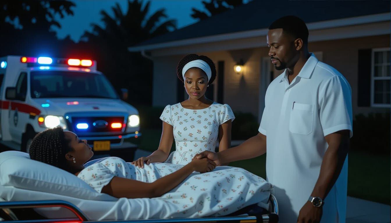 Emotional Scene: Ambulance Lights Illuminate House at Night