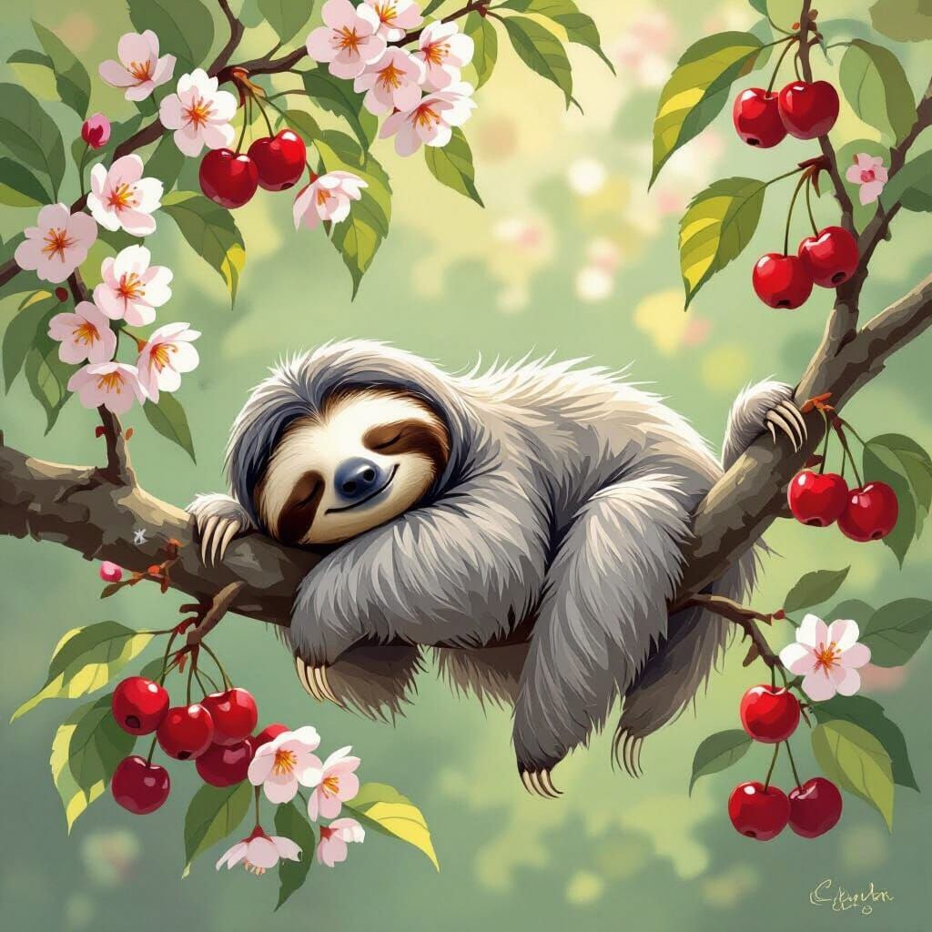 Sleepy Sloth in Cherry Blossom Tree