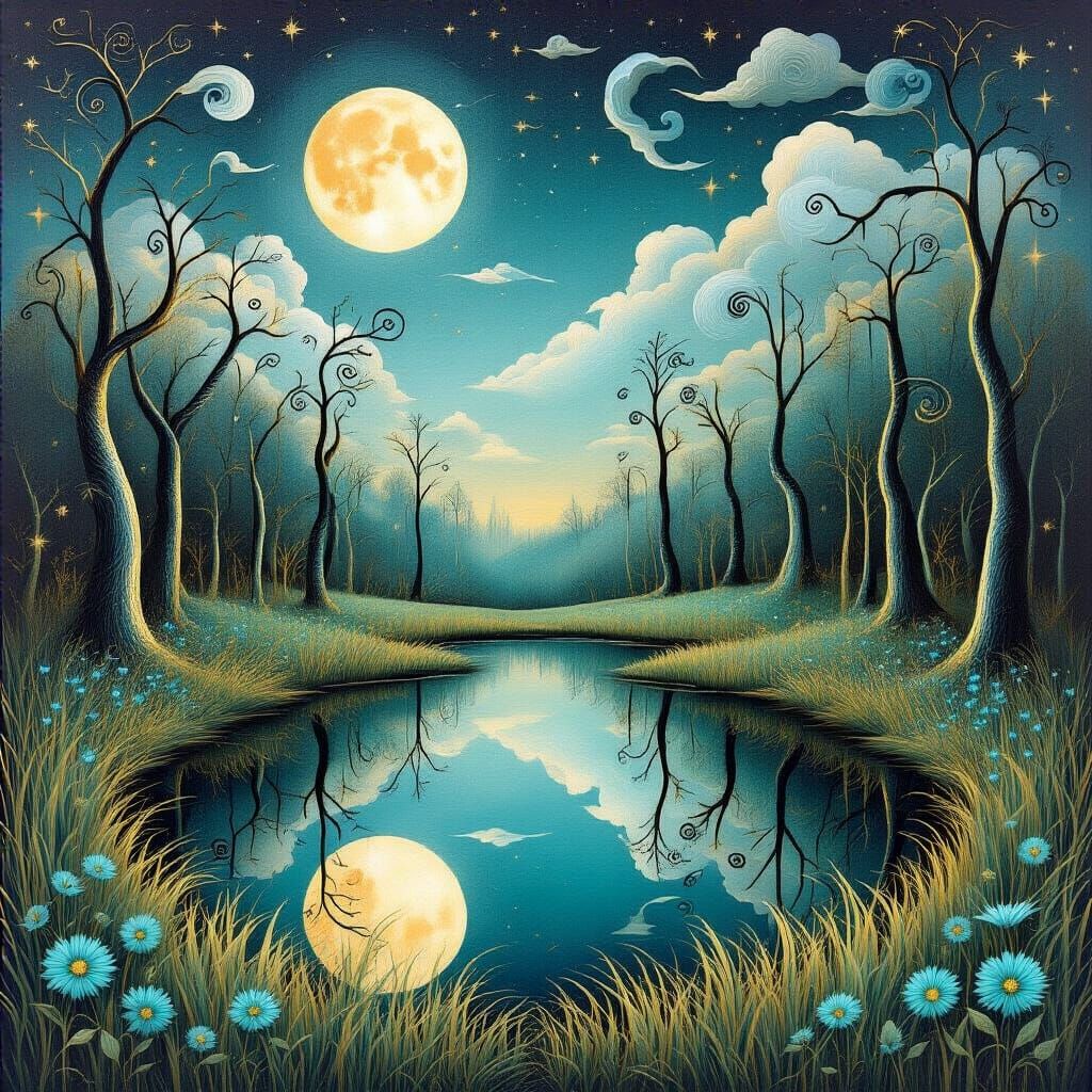 Surreal Winter Forest Landscape with Moonlit Sky