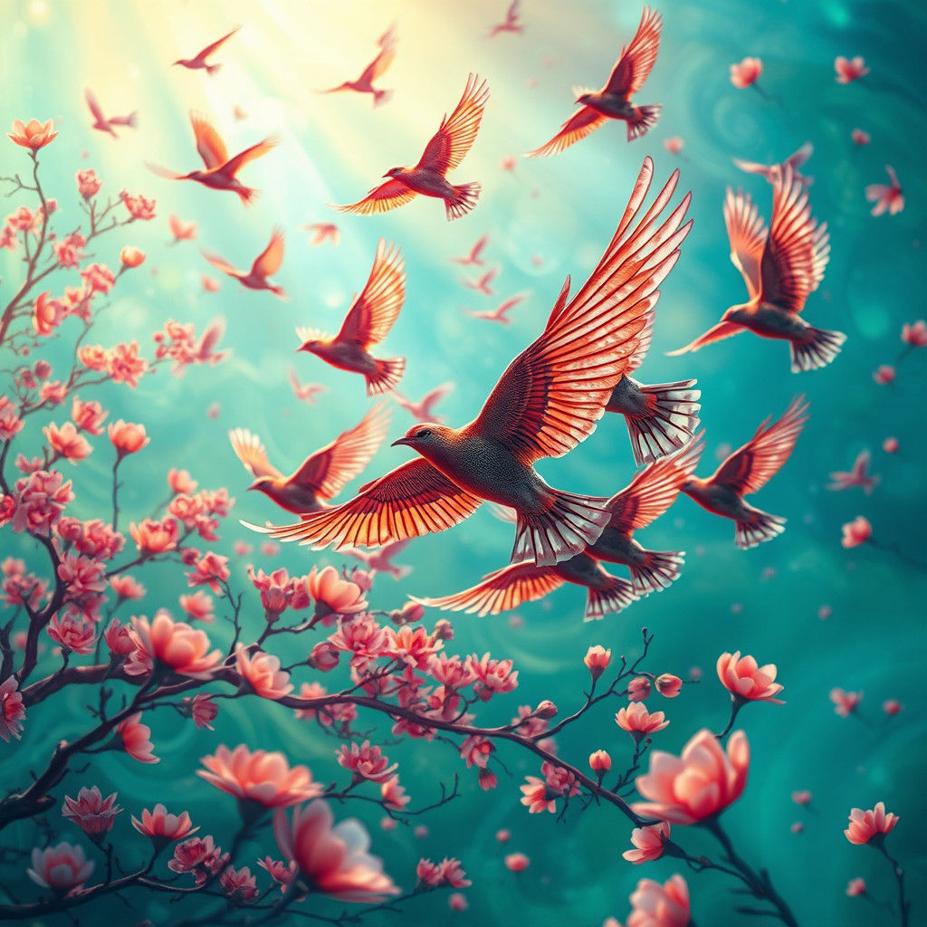 Birds in Flight Over Dreamlike Landscape