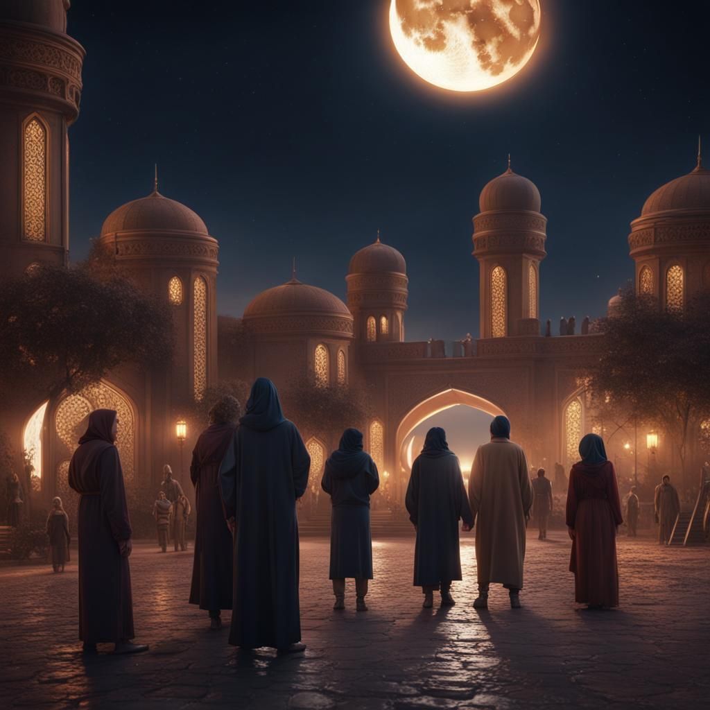Modern Arabic City Gazes at Crescent Moon