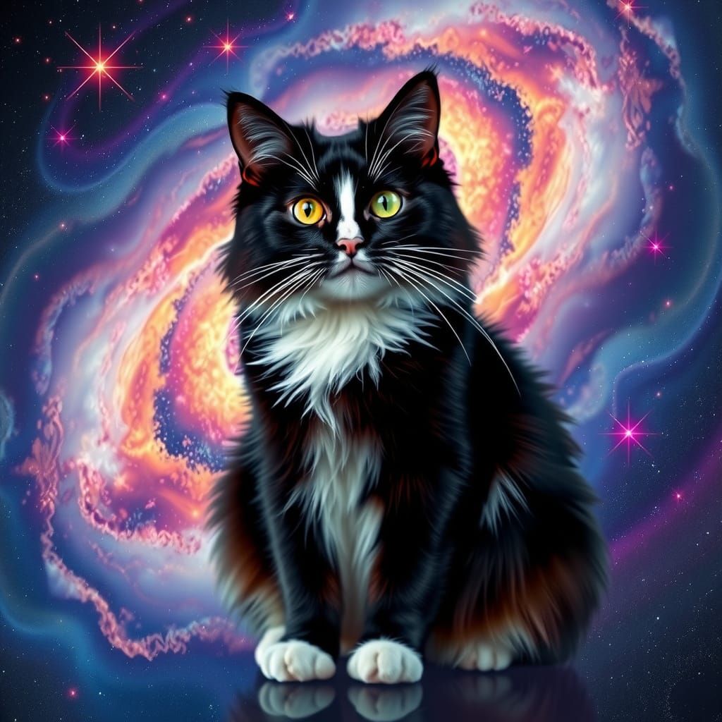 Regal Tuxedo Cat Amidst Galaxy Cluster