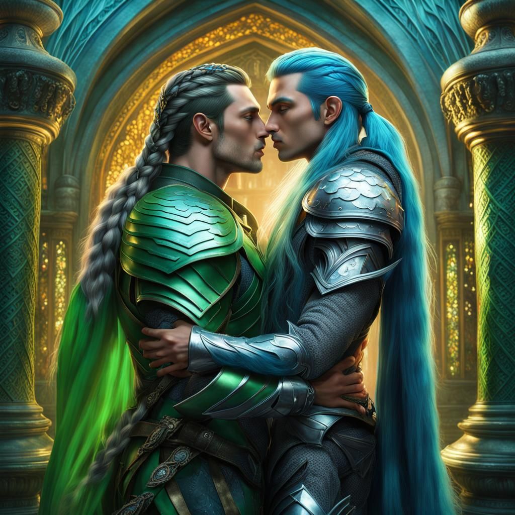 Hyperreal Fantasy Men Kissing in Lothlorien Palace