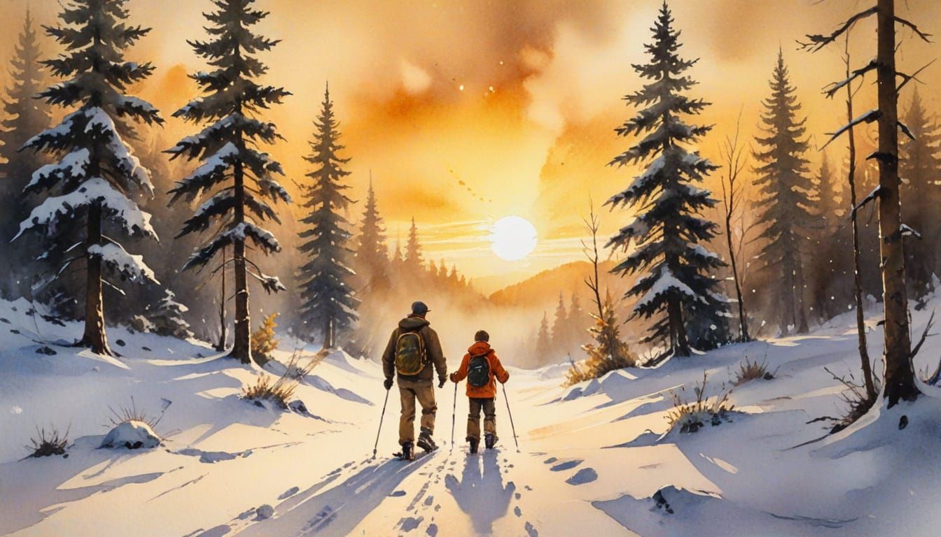Father and Son Snowshoeing: Watercolor Sunset Scene