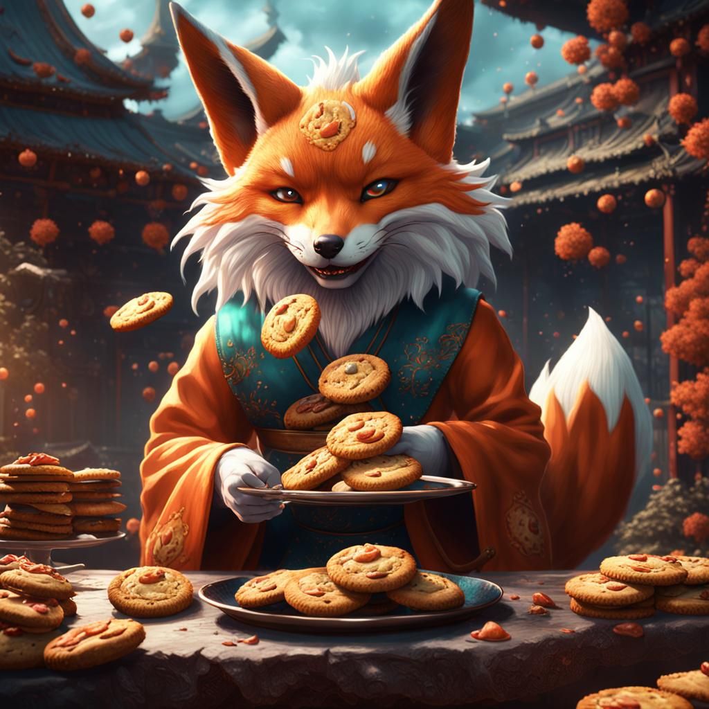 Kitsune Eating Cookies: Detailed Fantasy Art