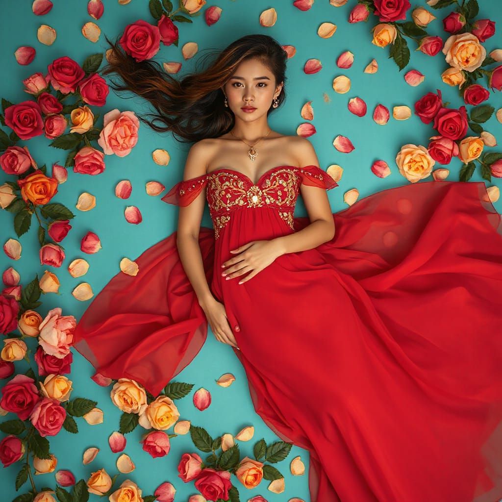 Korean Woman in Crimson Gown Surrounded by Roses