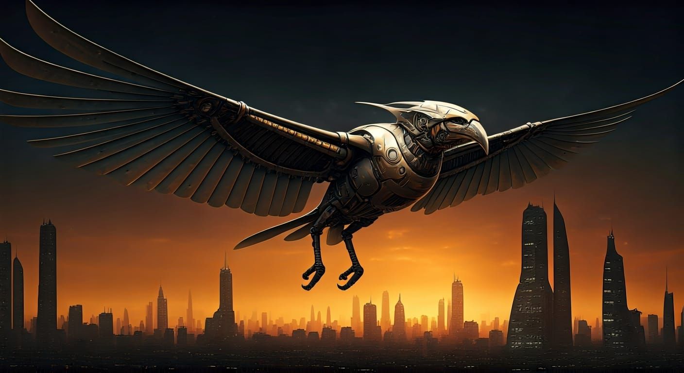 Futuristic Ornithopter in Dystopian Cyberpunk Cityscape