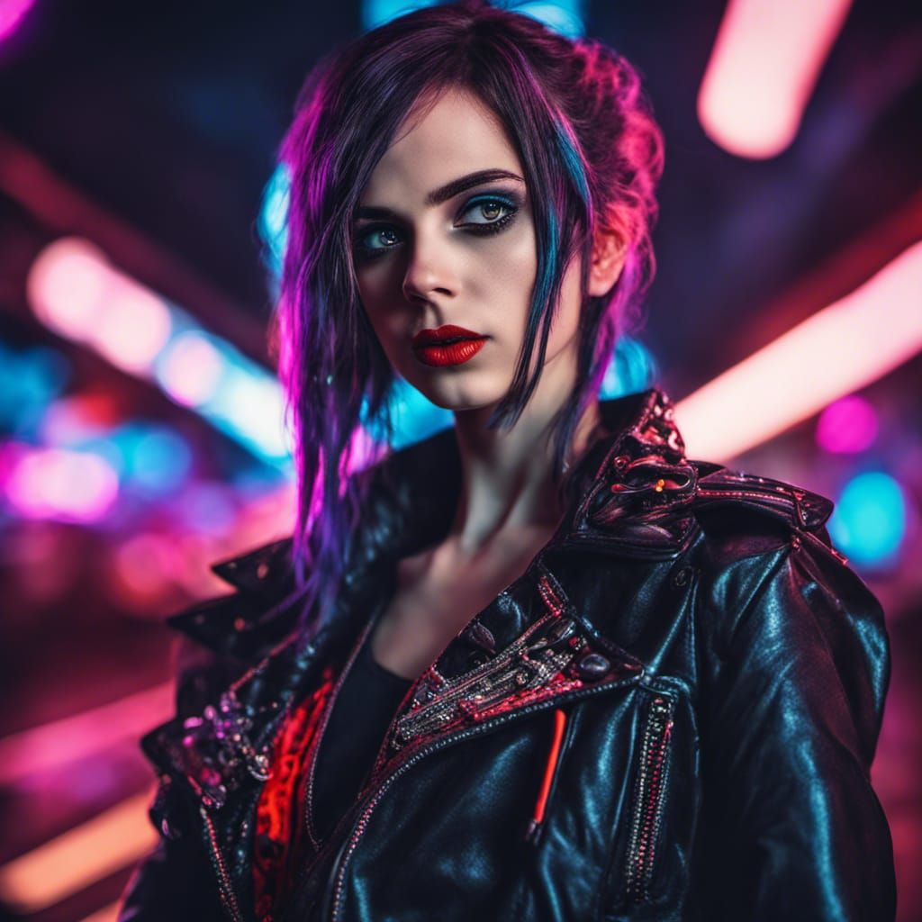 Vampire Rockstar Girl in Tim Burton-esque Neon Ambiance