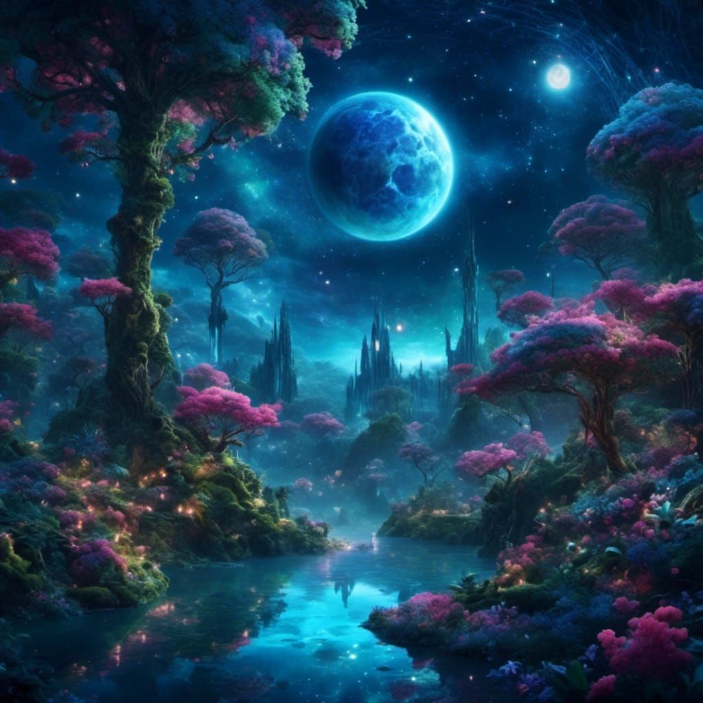 Fantasy Celestial Sky with Ringed Planet and Moons