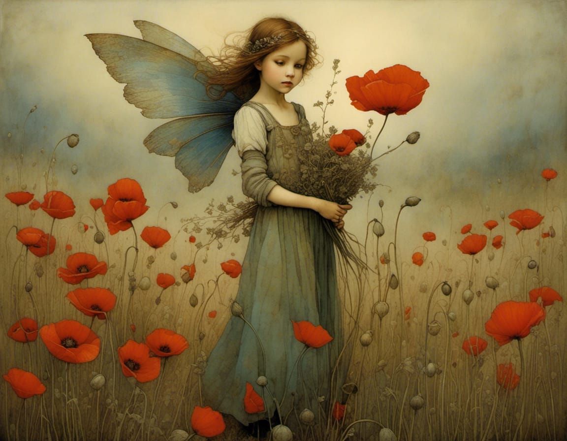 Whimsical Poppy Fairy in Dreamlike Landscape
