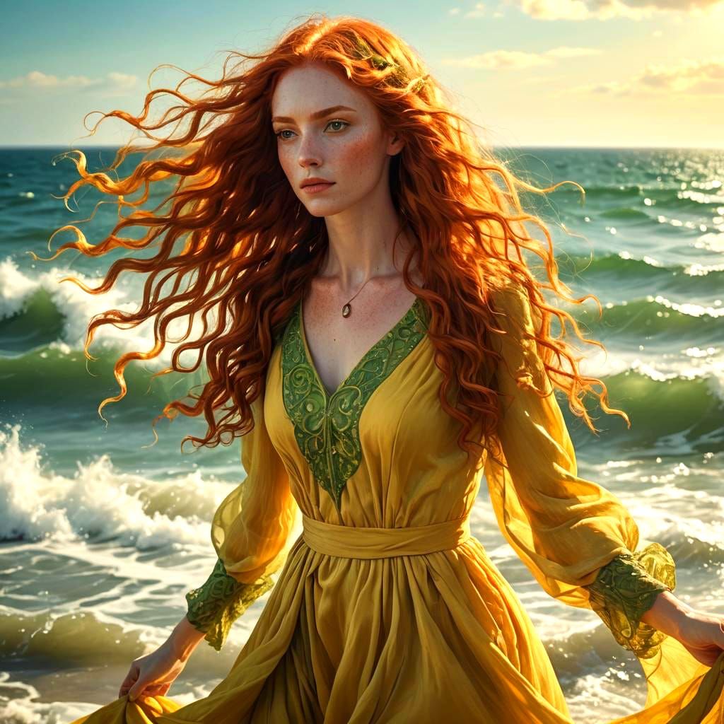 Red-Haired Woman in Yellow Dress Seascape Painting