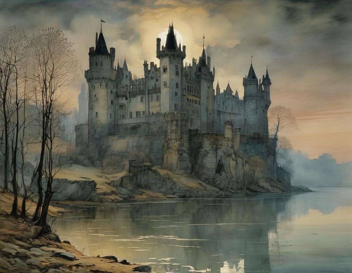Ethereal Castle Emerges in Frosty Dawn, in Whimsical Waterco...