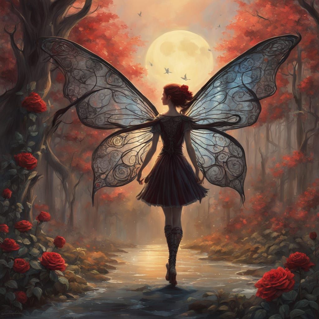 Enchanted Fairy Queen of Roses in a Whimsical Moonlit Forest